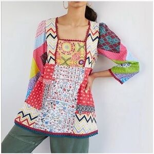 Anthropologie Let Me Be Patchwork Boho Tunic Cotton Blouse